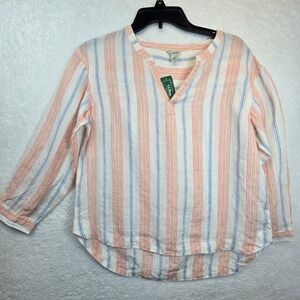 LL Bean 100% Linen V Neck Striped Pastel Top Tunic Womens XS Boho Beach Vacation